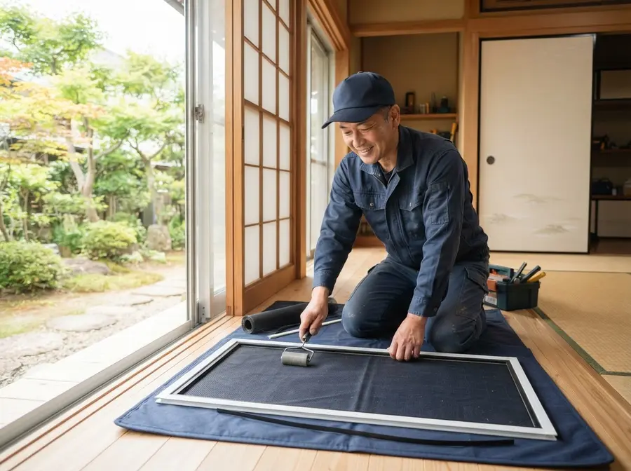 網戸を張り替えるスタッフ