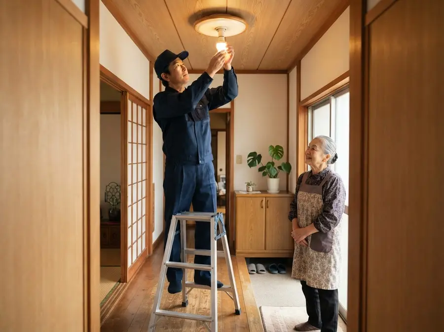 天井の電球を交換するスタッフ