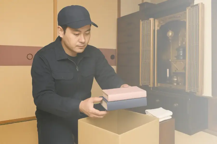 荷物を箱に詰めるスタッフ